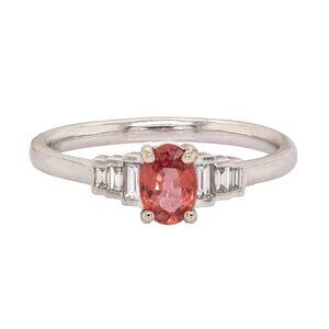 Ceylon Padparadscha Sapphire Ring in Solid 14K White Gold with Baguette Diamonds